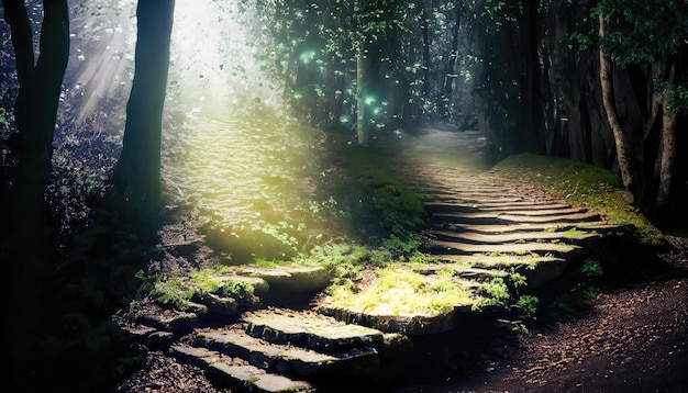 La route et les escaliers de pierre dans la forêt sombre magique et mystérieuse avec la lumière du soleil mystique et les lucioles