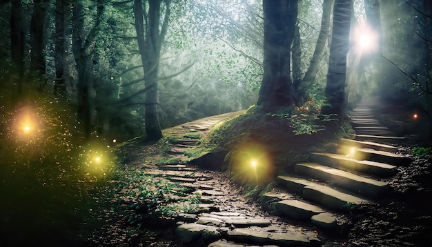 La route et les escaliers de pierre dans la forêt sombre magique et mystérieuse avec la lumière du soleil mystique et les lucioles