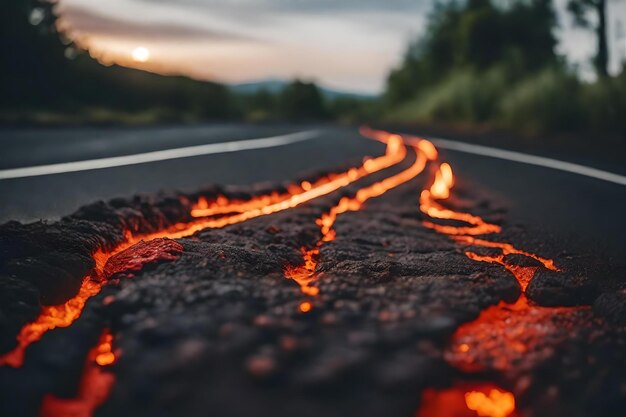 Photo la route est couverte de flammes et la route est éclairée par le coucher du soleil.