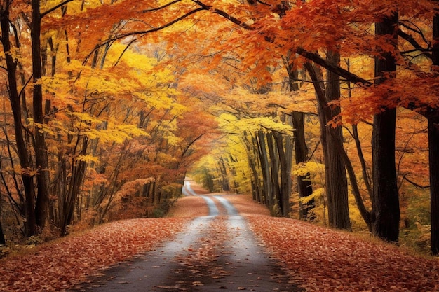 Une route avec des feuilles d'automne sur la route