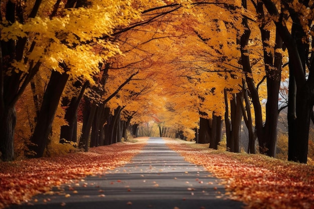 une route avec des feuilles d'automne sur le sol