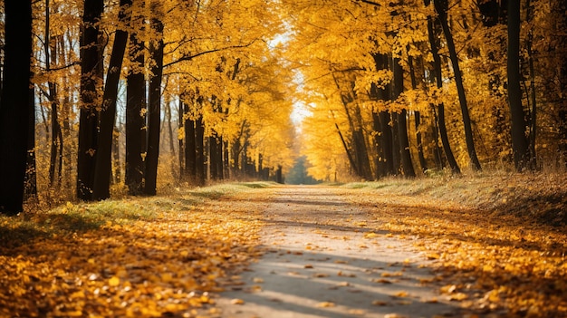 une route avec des feuilles jaunes qui sont tombées.