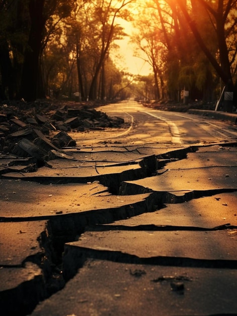 Photo route fissurée après le tremblement de terre
