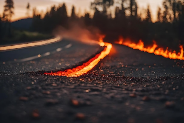 Photo une route avec des flammes et une route avec une route en feu en arrière-plan.