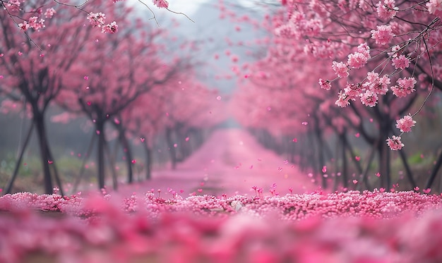une route avec des fleurs de cerisier en arrière-plan