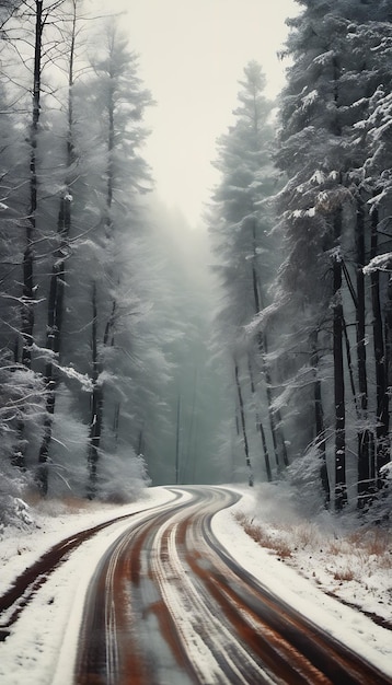 Photo route sur fond de forêt d'hiver