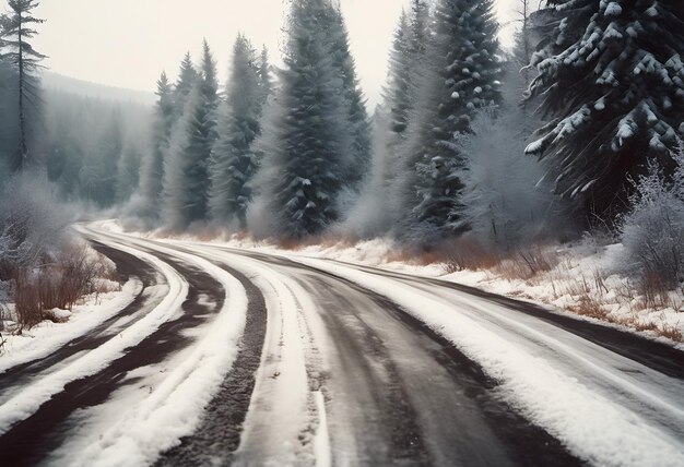 Route sur fond de forêt d'hiver