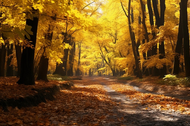 Une route forestière ensoleillée entourée d'un automne vibrant 00503 03