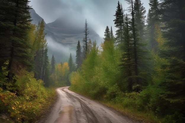 Route forestière sur une journée nuageuse Glacier National Park Montana USA