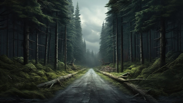 Une route forestière avec une route sombre en arrière-plan