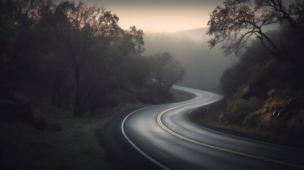 Route froide et brumeuse au sommet d'une colline le matin Créée avec la technologie Generative AI