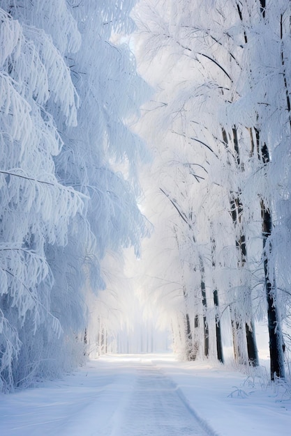 La route glacée en hiver Le paysage serein du sentier de la forêt enneigée couvert de gel et de glace