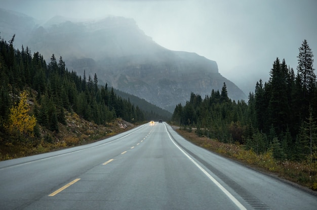 Route goudronnée droite avec des montagnes Rocheuses en journée sombre à l'automne au parc national Banff, Canada