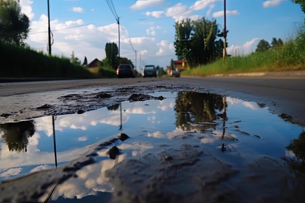 Route goudronnée humide avec un reflet du ciel bleu parfait pour les voyages