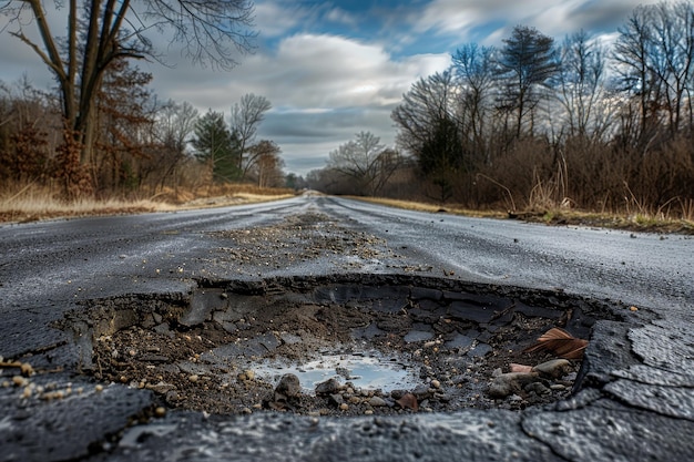 Photo une route avec un grand trou au milieu.