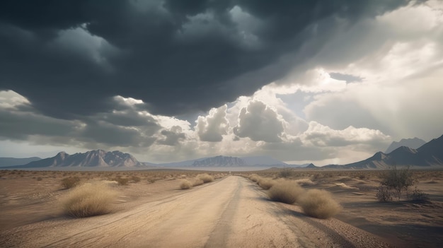 Route de gravier avec ciel orageux en route vers le désert de Namibie Generative ai