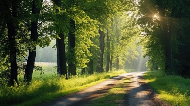 Route de gravier rurale à voie unique à travers les grands tilleuls verts La lumière du soleil coule à travers les troncs d'arbres Scène de forêt de fées Art espoir paradis nature sauvage solitude concepts de nature pure