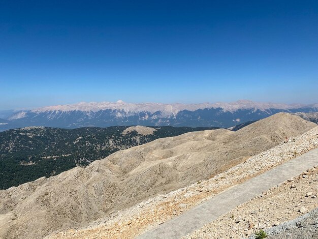 Route de gravier en terre à travers les montagnes rouges avec un ciel bleu cristallin à l'arrière