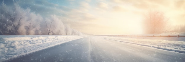 Route d'hiver ensoleillée couverte de neige Generative AI