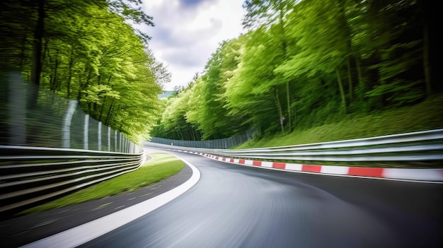 Photo une route avec une image floue d'une route avec des arbres en arrière-plan.