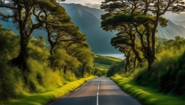 une route avec une image d'une montagne et d'arbres