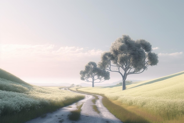 Une route menant à un champ avec des arbres sur la gauche et un ciel nuageux en arrière-plan.