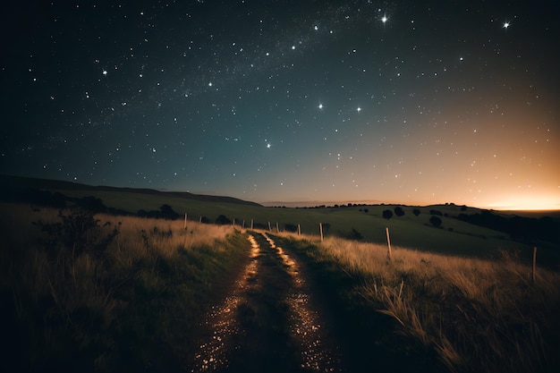 Une route menant à un champ avec un ciel étoilé