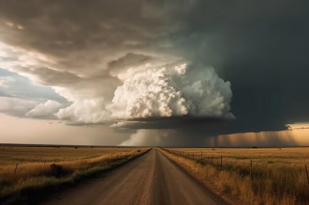 Une route menant à un champ avec un nuage d'orage