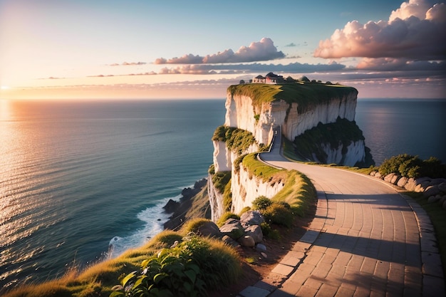 Une route menant à une falaise avec une maison au sommet.