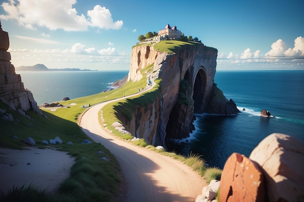 Photo une route menant à une falaise avec une maison dessus