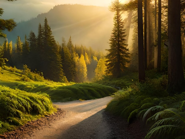 Une route menant à une forêt avec le soleil qui brille à travers les arbres