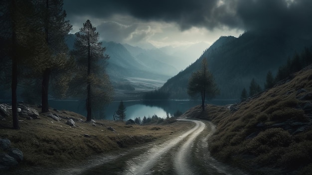 Une route menant à un lac de montagne