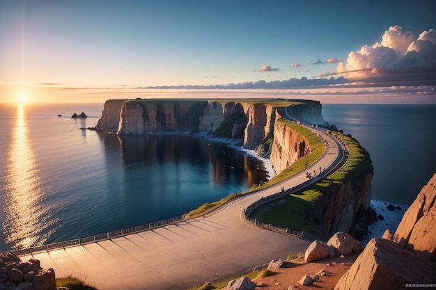 Une route menant à la mer avec une falaise en arrière-plan