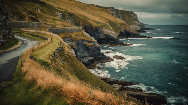 Une route menant à la mer avec vue sur la côte au loin.