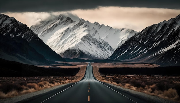 Une route menant à une montagne enneigée