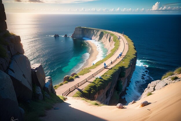 Une route menant à l'océan avec une plage en arrière-plan