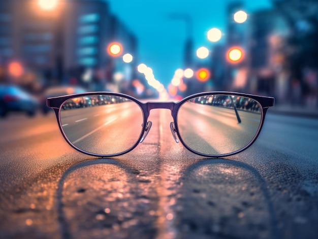 Route menant à une source de lumière vive vue à travers une paire de lunettes IA générative