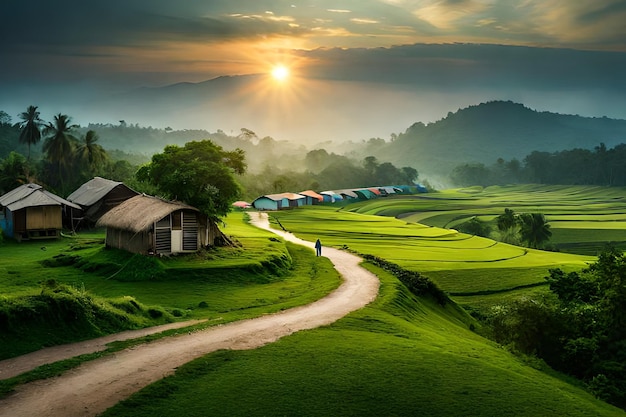 Une route menant à un village avec un coucher de soleil en arrière-plan