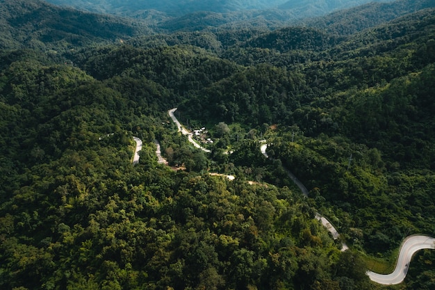 Photo route de montagne et arbres verts d'en haut à pai, thaïlande