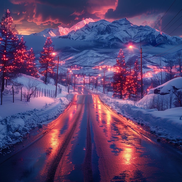 Une route de montagne en hiver la nuit Un paysage de Noël coloré