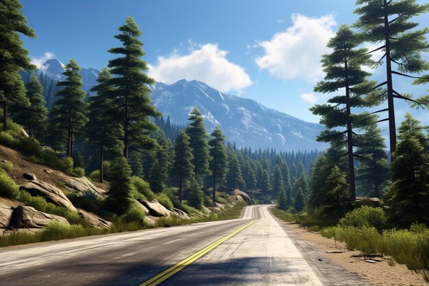 Une route de montagne avec des pins et un ciel bleu est pittoresque