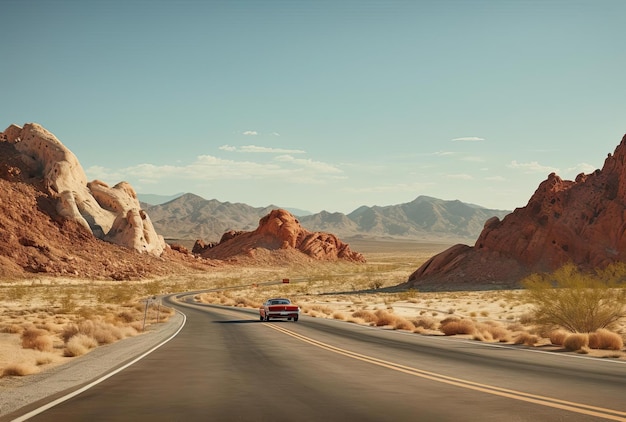 une route monte une montagne dans le désert dans le style rouge clair et blanc