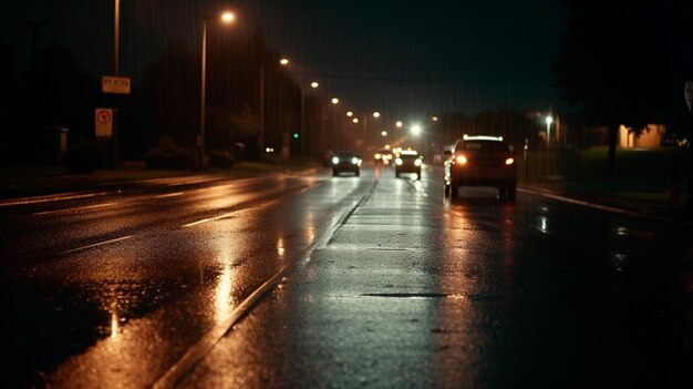 Une route mouillée avec des lumières allumées la nuit Illustrateur d'IA générative