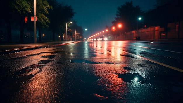 Une route mouillée avec quelques lumières allumées la nuit IA générative