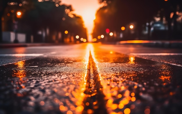 Une route mouillée avec un réverbère et le mot pluie dessus