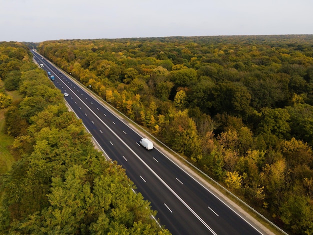 Route Avec De Nombreuses Voitures Et Belle Forêt D'automne