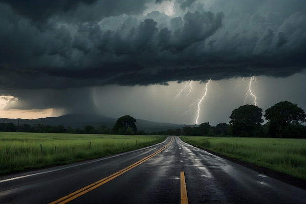 Une route avec des nuages de pluie en arrière-plan