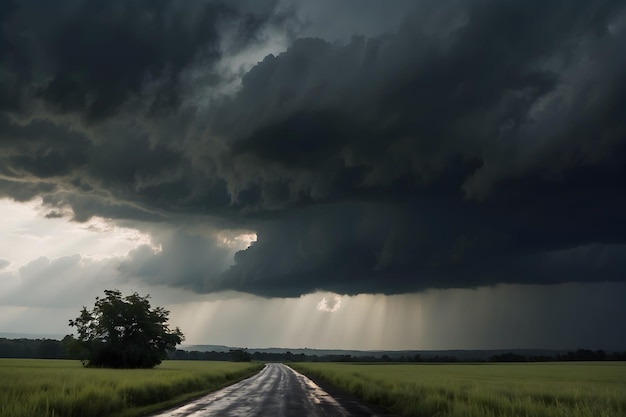 Une route avec des nuages de pluie en arrière-plan