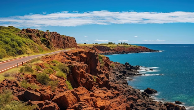 une route panoramique pour conduire le long d'un rivage rocheux et de l'océan dans le style anglocore