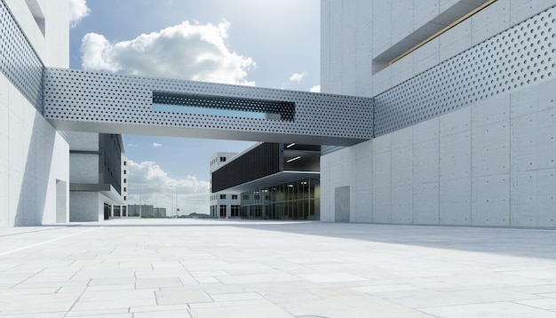 Route de passerelle vide et extérieur d'immeubles de bureaux modernes. rendu 3D